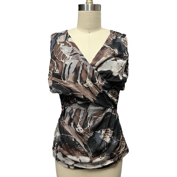Cleo Tops - cleo SZ M Womens Mixed Print Sleeveless Mesh Faux Wrap Top Whimsigoth Y2K